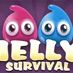 Două creaturi jeleu colorate, roz și albastru, cu ochi mari, pe un fundal mov, alături de textul „Jelly Survival”
