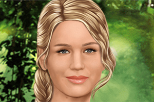 Portret desenat al unei femei blonde zâmbitoare în fața unui fundal verde
