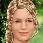 Portret desenat al unei femei blonde zâmbitoare în fața unui fundal verde