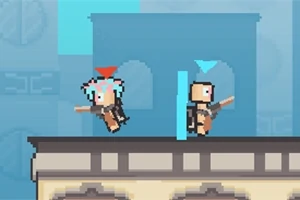 Două personaje pixelate înarmate cu puști se confruntă pe un acoperiș într-un mediu urban stilizat
