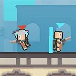 Două personaje pixelate înarmate cu puști se confruntă pe un acoperiș într-un mediu urban stilizat