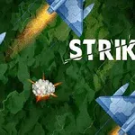 Avioane albastre care lasă urme de foc pe un fundal verde, cu explozii mici și textul STRIKE