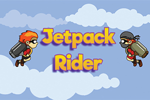 Doi personaje animate zboară cu jetpack-uri pe un fundal de cer albastru cu nori și cuvintele „Jetpack Rider” între ele