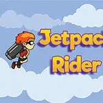 Doi personaje animate zboară cu jetpack-uri pe un fundal de cer albastru cu nori și cuvintele „Jetpack Rider” între ele