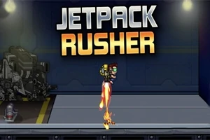 Un personaj cu un jetpack zboară deasupra unui trotuar, iar deasupra lui se află textul Jetpack Rusher