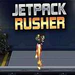 Un personaj cu un jetpack zboară deasupra unui trotuar, iar deasupra lui se află textul Jetpack Rusher