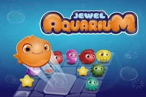 Pe un fundal albastru, un pește portocaliu mare este înconjurat de creaturi colorate și stele galbene pe o grilă, cu textul Jewel Aquarium deasupra