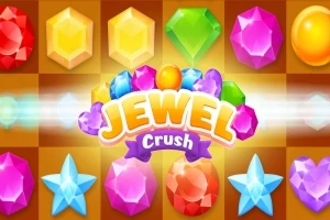 Bijuterii colorate strălucitoare pe un fundal maro, cu titlul Jewel Crush în centru