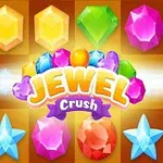 Bijuterii colorate strălucitoare pe un fundal maro, cu titlul Jewel Crush în centru