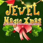 Text colorat Jewel Magic Xmas pe un fundal verde cu decorațiuni festive și panglici