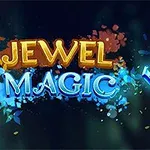 Textul Jewel Magic este înconjurat de bijuterii colorate pe un fundal întunecat