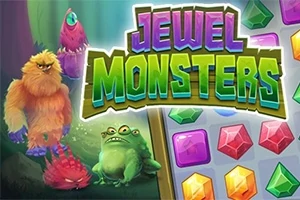 Monștri colorați și pietre prețioase colorate alături de textul Jewel Monsters