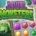 Monștri colorați și pietre prețioase colorate alături de textul Jewel Monsters