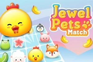 Un pui galben vesel, animale desenate stilizat și banane pe un fundal pastelat cu text colorat care spune Jewel Pets Match