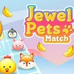Un pui galben vesel, animale desenate stilizat și banane pe un fundal pastelat cu text colorat care spune Jewel Pets Match