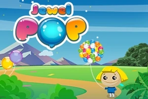 Personaj animat cu baloane colorate pe un fundal de peisaj montan, cu logo Jewel Pop deasupra