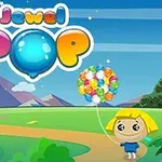 Personaj animat cu baloane colorate pe un fundal de peisaj montan, cu logo Jewel Pop deasupra