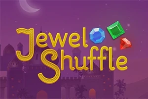 Textul Jewel Shuffle într-un stil de font galben, cu pietre prețioase colorate și un fundal cu un castel și un cer de noapte violet