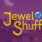 Textul Jewel Shuffle într-un stil de font galben, cu pietre prețioase colorate și un fundal cu un castel și un cer de noapte violet