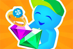 Personaj albastru cu o șapcă verde ținând un diamant roz și verde, și un inel cu piatră albastră, pe un fundal portocaliu