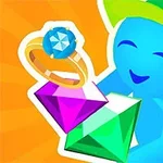 Personaj albastru cu o șapcă verde ținând un diamant roz și verde, și un inel cu piatră albastră, pe un fundal portocaliu