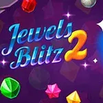 Textul „Jewels Blitz 2” alături de diverse bijuterii colorate pe un fundal mov