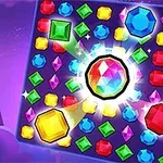 Un pătrat cu pietre prețioase colorate, variate ca formă și dimensiune, pe un fundal mov, cu o piatră strălucitoare în centru