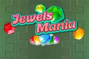 Text roz cu margini verzi cu denumirea Jewels Mania și imagini ale unor bijuterii colorate pe fundal verde