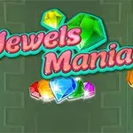 Text roz cu margini verzi cu denumirea Jewels Mania și imagini ale unor bijuterii colorate pe fundal verde