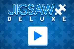 Text „Jigsaw Deluxe” pe un fundal albastru cu un model de piese de puzzle și un buton de redare în centru