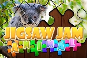 Un koala pozat printre piese de puzzle colorate, cu titlul Jigsaw Jam Animal scris deasupra