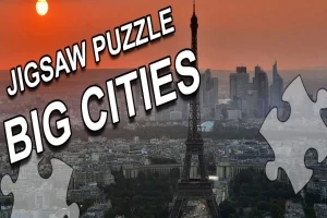 Apus de soare peste oraș cu Turnul Eiffel în prim-plan și piese de puzzle pe margine