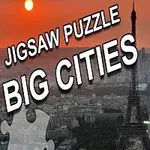 Apus de soare peste oraș cu Turnul Eiffel în prim-plan și piese de puzzle pe margine