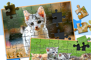 Un puzzle parțial completat cu imagini de pisoi, având piese împrăștiate în jurul lui