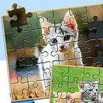Un puzzle parțial completat cu imagini de pisoi, având piese împrăștiate în jurul lui
