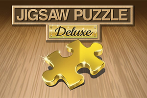 Imaginea prezintă o piesă de puzzle aurie cu reflexii strălucitoare, pe un fundal de lemn, sub titlul Jigsaw Puzzle Deluxe