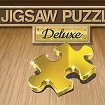 Imaginea prezintă o piesă de puzzle aurie cu reflexii strălucitoare, pe un fundal de lemn, sub titlul Jigsaw Puzzle Deluxe