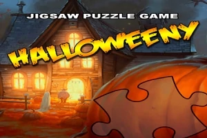Casă bântuită iluminată, un dovleac mare sculptat și o piesă de puzzle, cu textul Jigsaw Puzzle Game Halloweeny