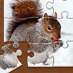 Puzzle cu o veveriță mâncând o nucă pe un fundal cu zăpadă