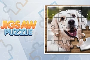 Puzzle parțial completat cu imaginea unui câine alb, vesel, pe fundal de lemn