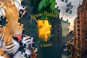 Imaginea arată un colaj de piese de puzzle, una dintre ele având un tigru, iar alta un canal flancat de clădiri