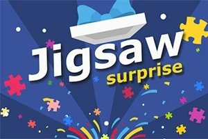 Textul Jigsaw Surprise pe un fundal albastru cu piese de puzzle colorate și efecte de confeti