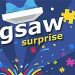 Textul Jigsaw Surprise pe un fundal albastru cu piese de puzzle colorate și efecte de confeti