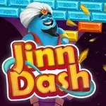 Albastru jinn cu turban alb și barbă zâmbind lângă cărămizi colorate care se sparg și o bilă galbenă în mișcare