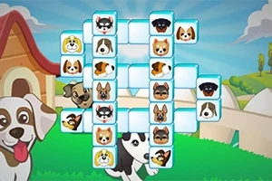 Un puzzle cu plăcuțe ilustrând fețe de câini într-un peisaj de curte cu iarbă verde și un coteț