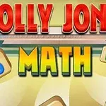 Textul „Jolly Jong Math” cu litere mari, colorate, pe un fundal luminos, înconjurat de cifre pe plăcuțe
