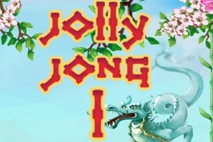 Text roșu „Jolly Jong 1” pe un fundal albastru cu un dragon albastru și flori roz
