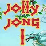 Text roșu „Jolly Jong 1” pe un fundal albastru cu un dragon albastru și flori roz