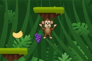 Jolly Jumper Maimuță animată între două platforme verzi cu banane și struguri într-un decor de junglă
