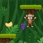 Jolly Jumper Maimuță animată între două platforme verzi cu banane și struguri într-un decor de junglă